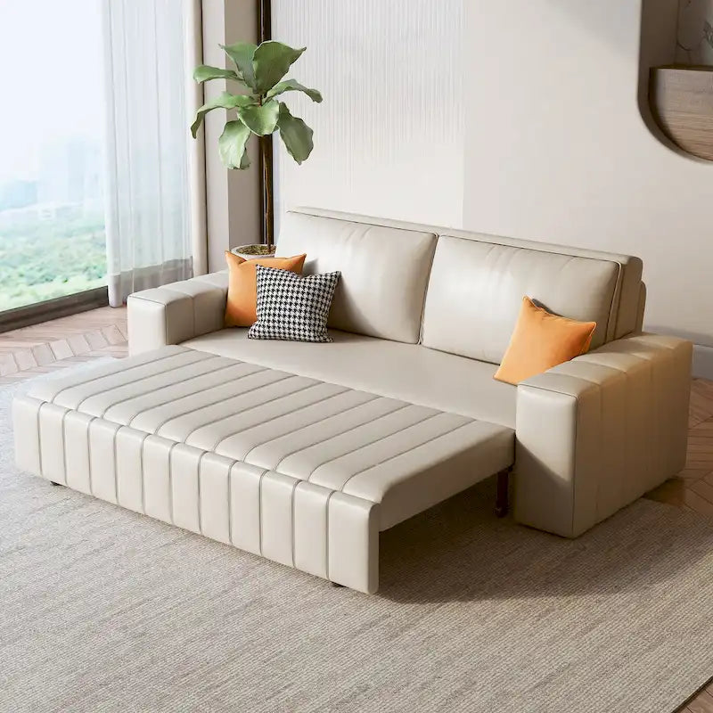Canapé-lit 2 places en tissu gris clair / orange / noir avec rangement, 119 cm / 150 cm