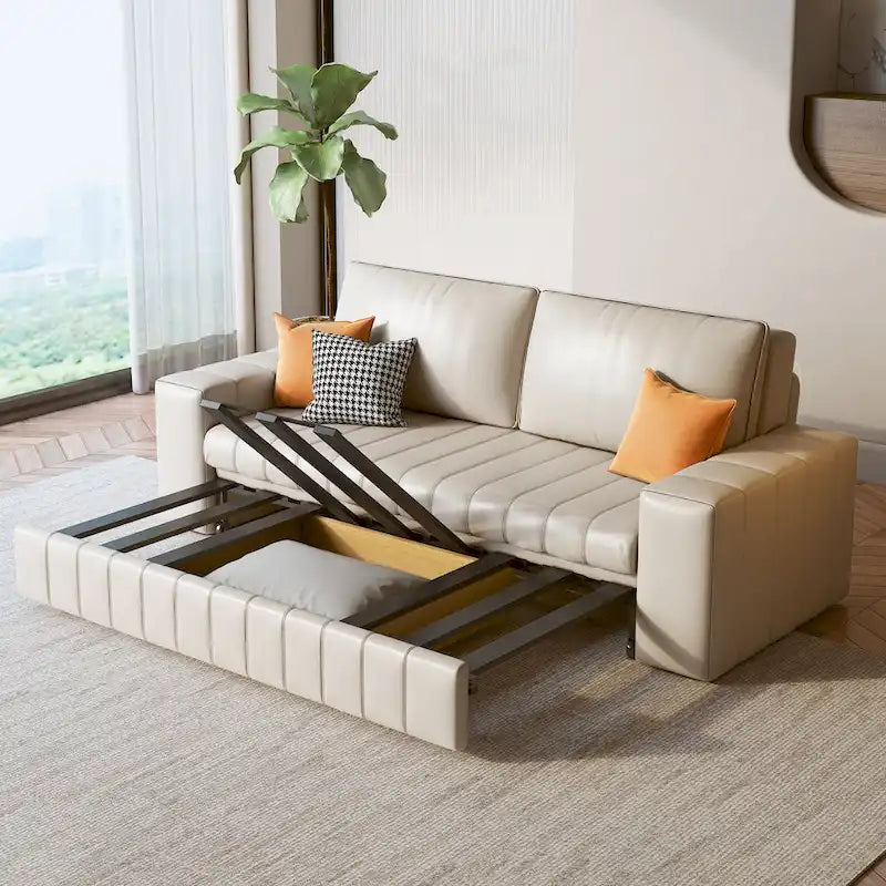 Canapé-lit 2 places en tissu gris clair / orange / noir avec rangement, 119 cm / 150 cm