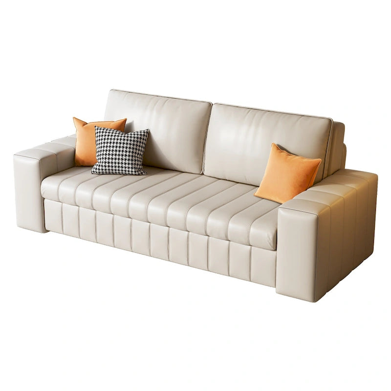 Canapé-lit 2 places en tissu gris clair / orange / noir avec rangement, 119 cm / 150 cm