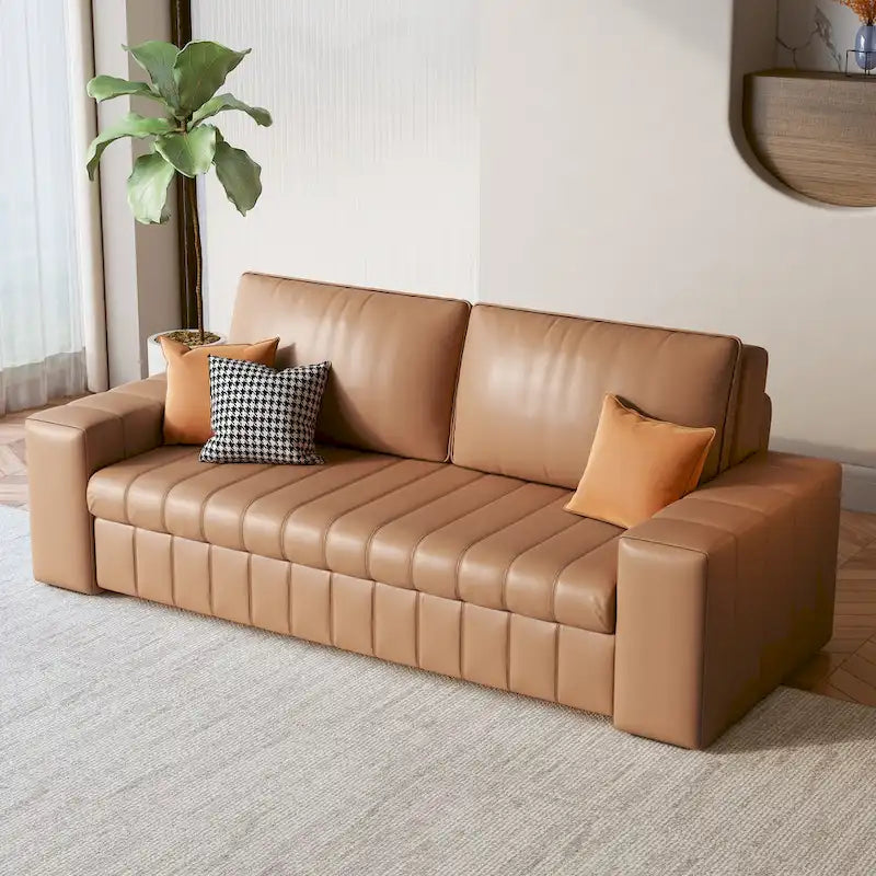 Canapé-lit 2 places en tissu gris clair / orange / noir avec rangement, 119 cm / 150 cm