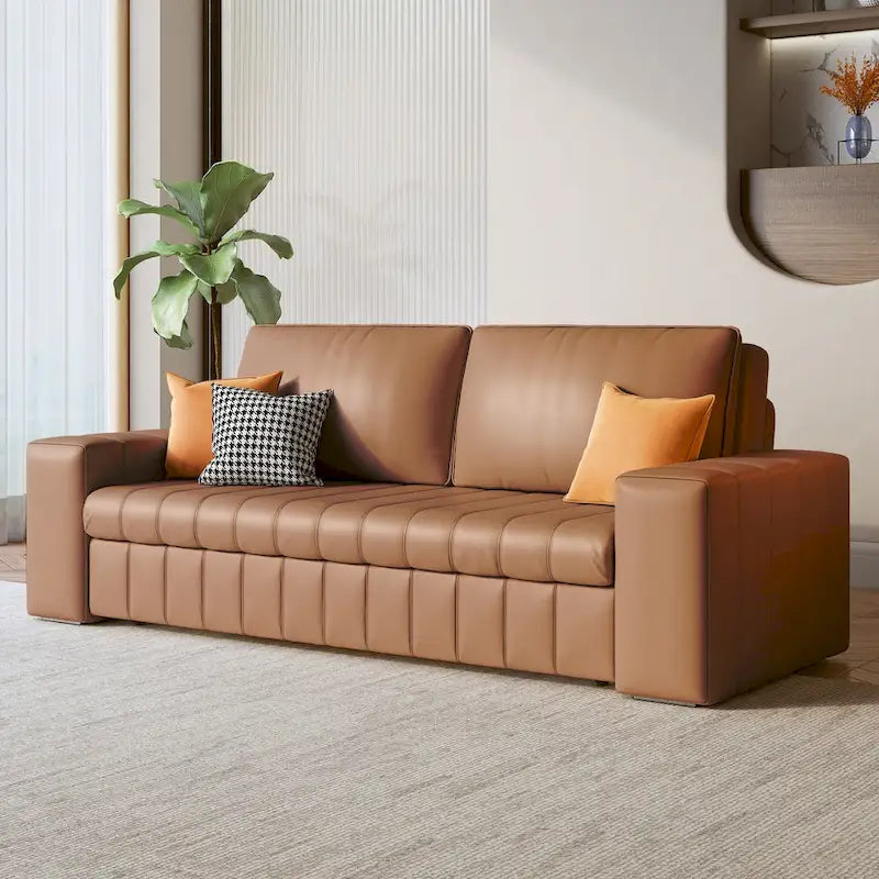 Canapé-lit 2 places en tissu gris clair / orange / noir avec rangement, 119 cm / 150 cm