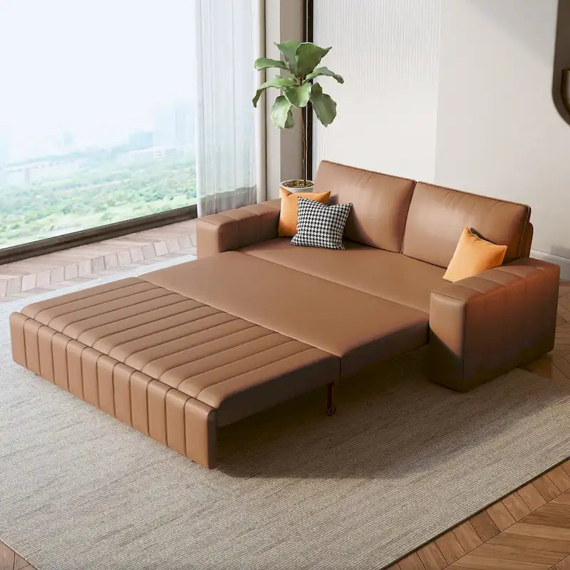 Canapé-lit 2 places en tissu gris clair / orange / noir avec rangement, 119 cm / 150 cm