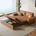 Canapé-lit 2 places en tissu gris clair / orange / noir avec rangement, 119 cm / 150 cm