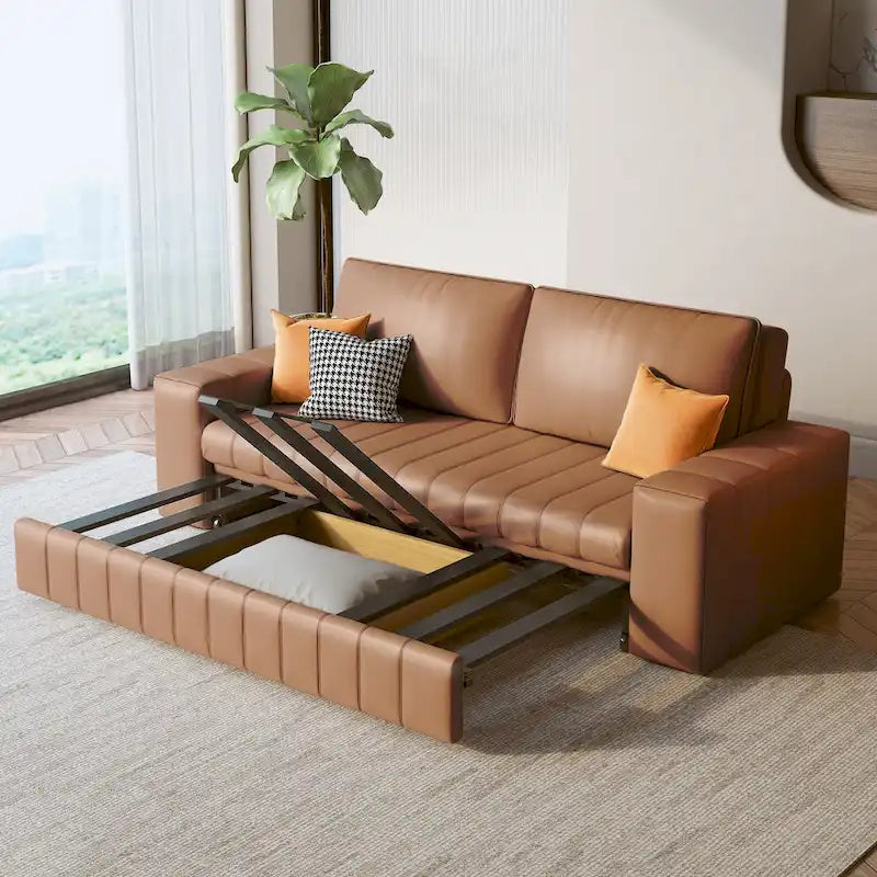 Canapé-lit 2 places en tissu gris clair / orange / noir avec rangement, 119 cm / 150 cm