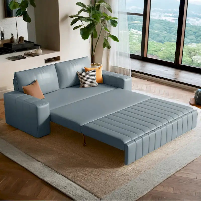 Canapé-lit 2 places en tissu gris clair / orange / noir avec rangement, 119 cm / 150 cm