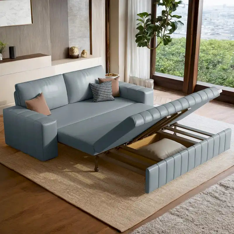 Canapé-lit 2 places en tissu gris clair / orange / noir avec rangement, 119 cm / 150 cm