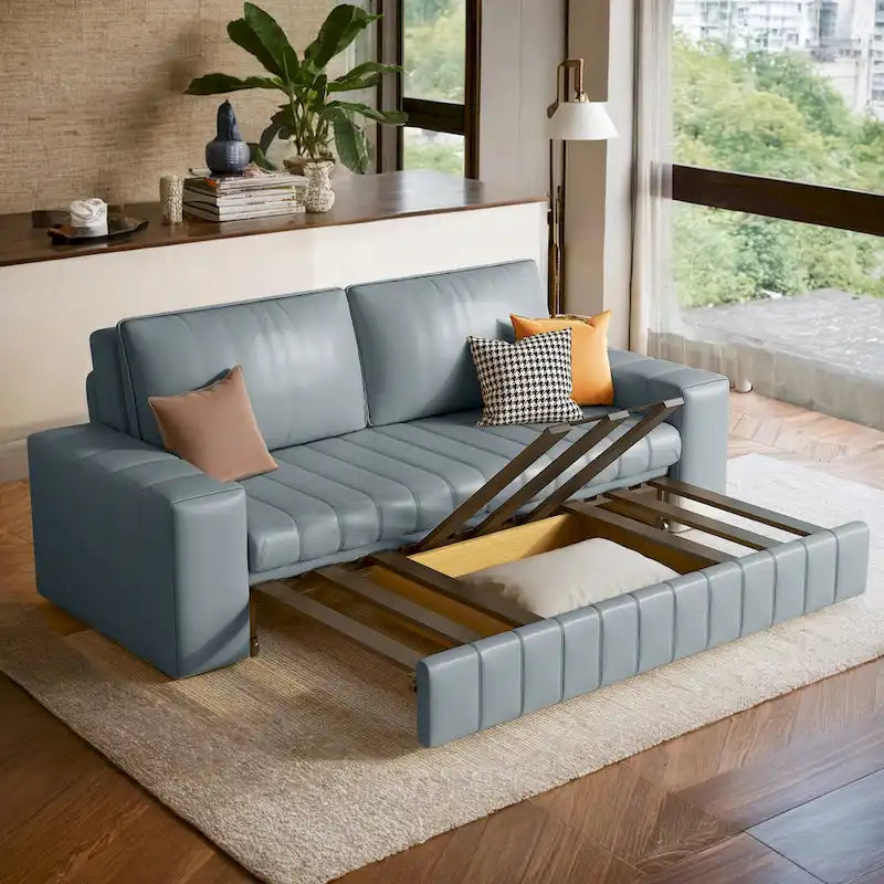Canapé-lit 2 places en tissu gris clair / orange / noir avec rangement, 119 cm / 150 cm