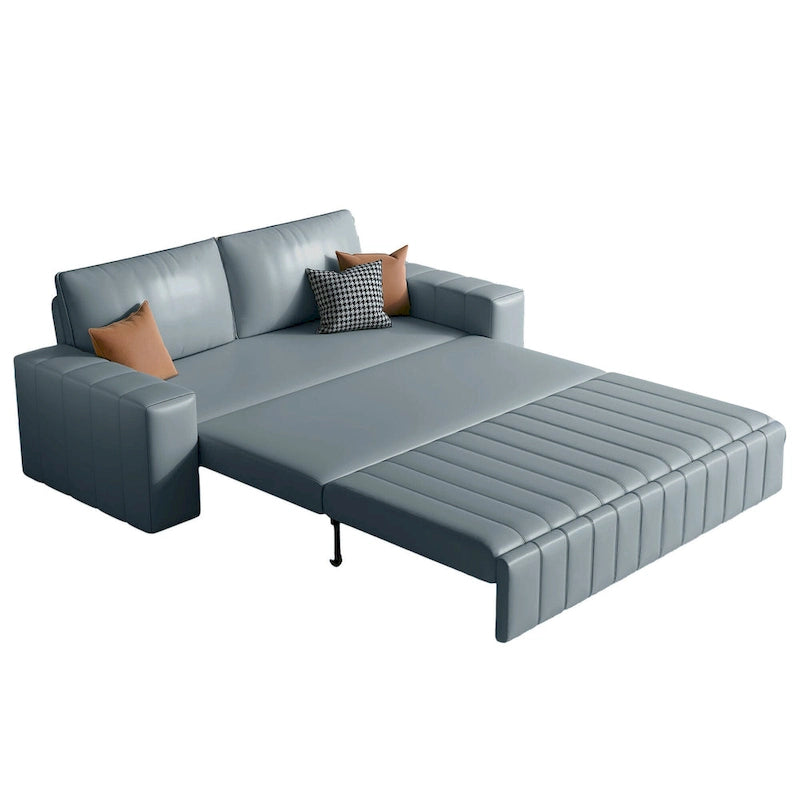 Canapé-lit 2 places en tissu gris clair / orange / noir avec rangement, 119 cm / 150 cm