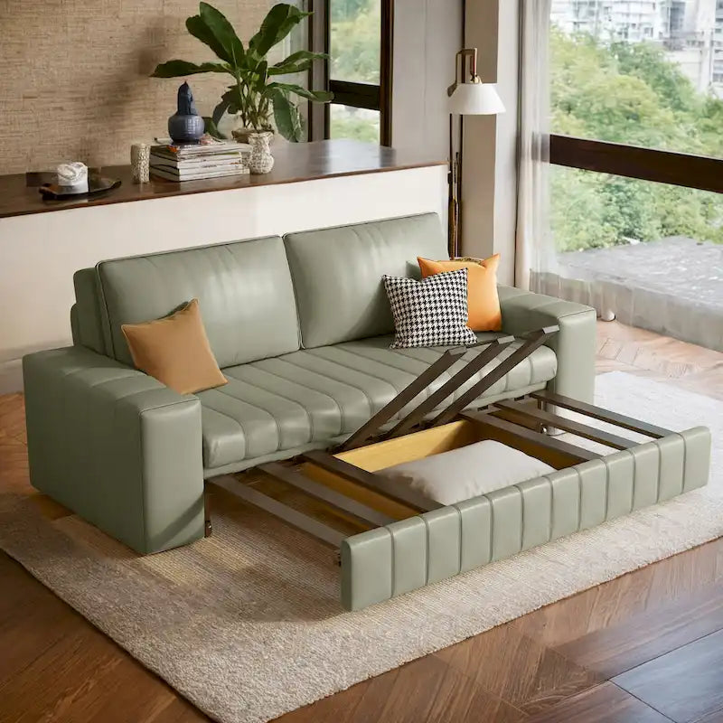 Canapé-lit 2 places en tissu gris clair / orange / noir avec rangement, 119 cm / 150 cm