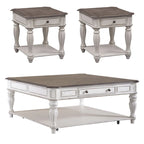 Ensemble de 3 tables basses et tables d'appoint blanc antique et écorce vieillie