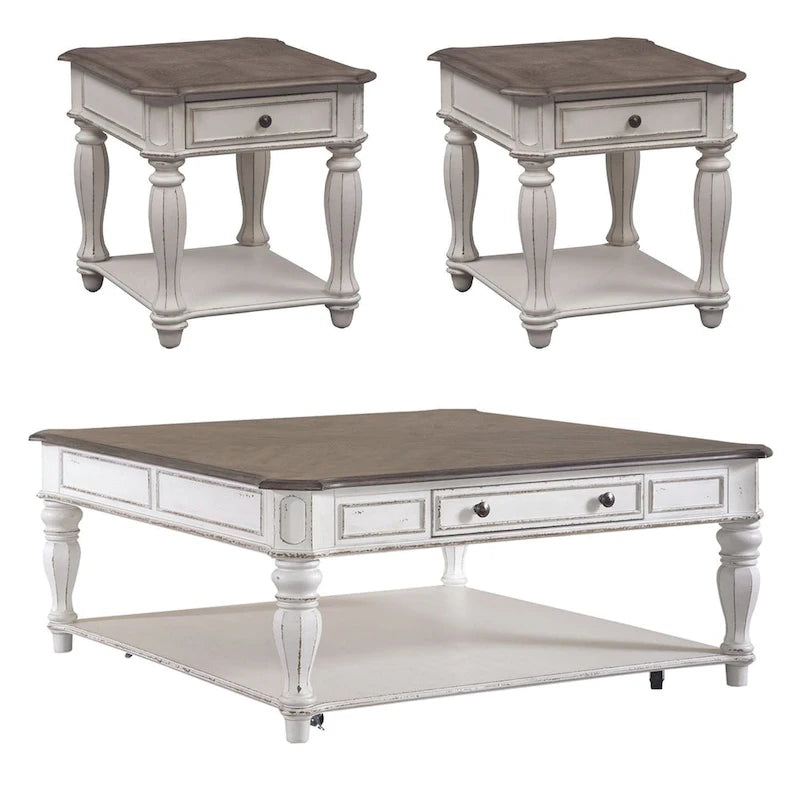 Ensemble de 3 tables basses et tables d'appoint blanc antique et écorce vieillie