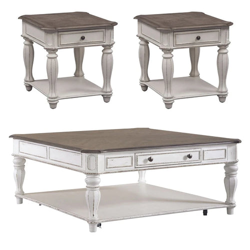 Ensemble de 3 tables basses et tables d'appoint blanc antique et écorce vieillie
