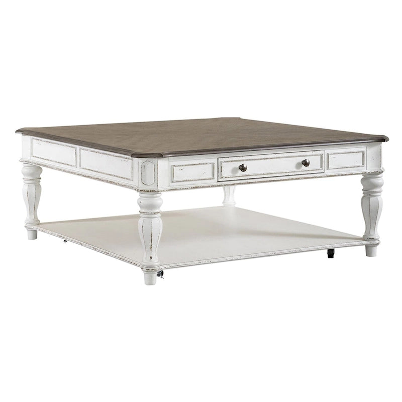 Ensemble de 3 tables basses et tables d'appoint blanc antique et écorce vieillie