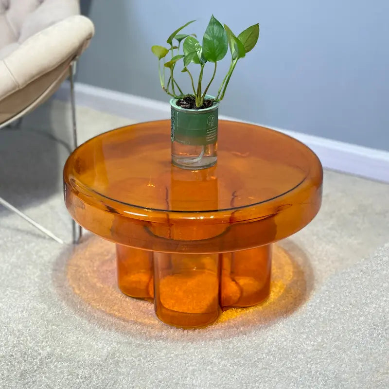 Table basse ronde en verre en forme de fleur, pour 1 à 2 personnes, couleur ambre / verte / violette / turquoise