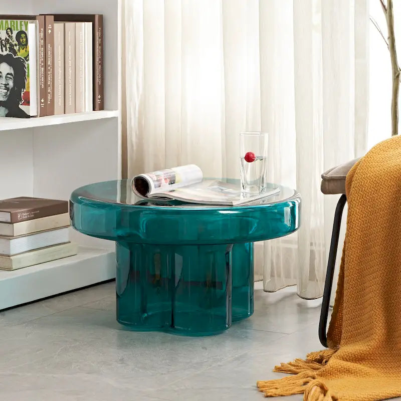 Table basse ronde en verre en forme de fleur, pour 1 à 2 personnes, couleur ambre / verte / violette / turquoise