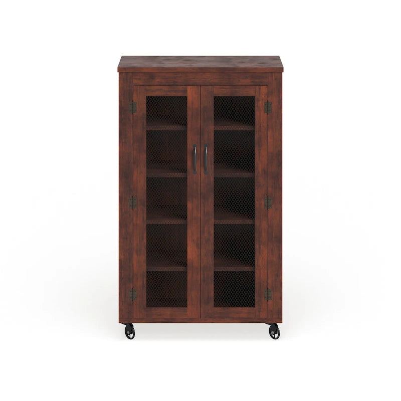 Armoire roulante à 5 étagères en noyer avec portes grillagées