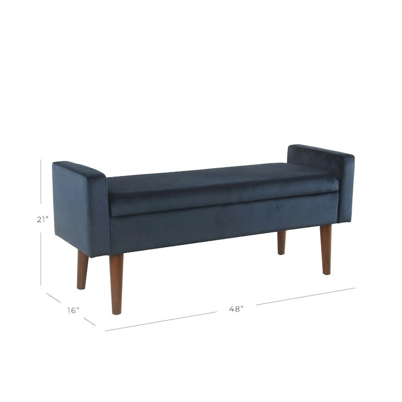 Banc de rangement en velours bleu foncé – Style Mid-Century, 1 place
