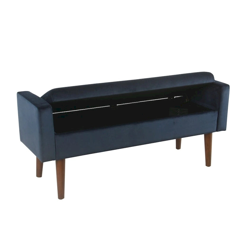Banc de rangement en velours bleu foncé – Style Mid-Century, 1 place