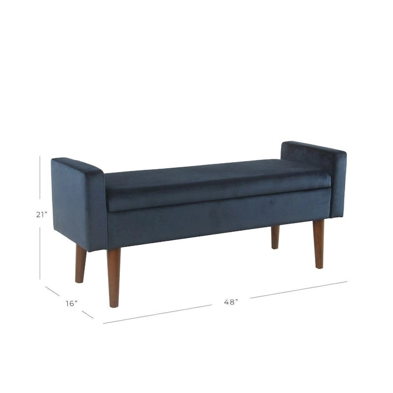 Banc de rangement en velours bleu foncé – Style Mid-Century, 1 place