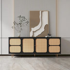 Buffet bahut 4 portes avec façade en rotin noir, pour 1 personne