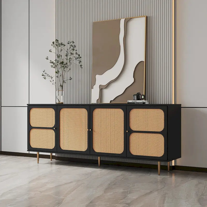 Buffet bahut 4 portes avec façade en rotin noir, pour 1 personne