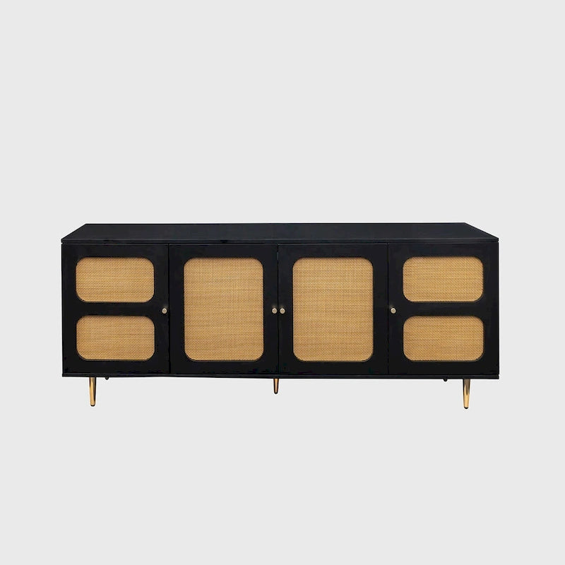 Buffet bahut 4 portes avec façade en rotin noir, pour 1 personne