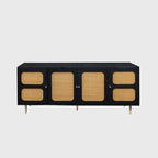 Buffet bahut 4 portes avec façade en rotin noir, pour 1 personne