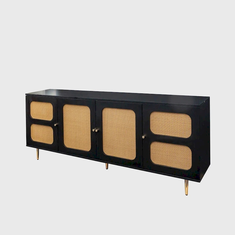 Buffet bahut 4 portes avec façade en rotin noir, pour 1 personne