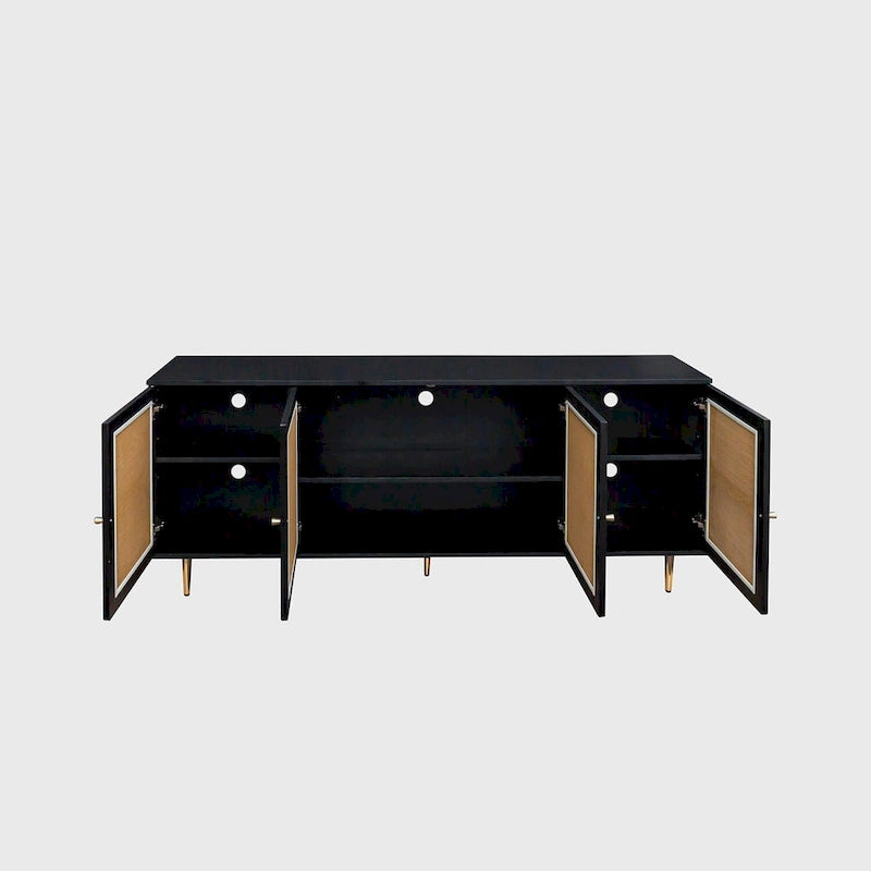 Buffet bahut 4 portes avec façade en rotin noir, pour 1 personne