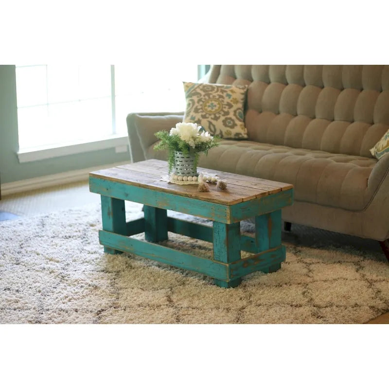 Table basse en bois de récupération vieilli blanc et bleu pour 1