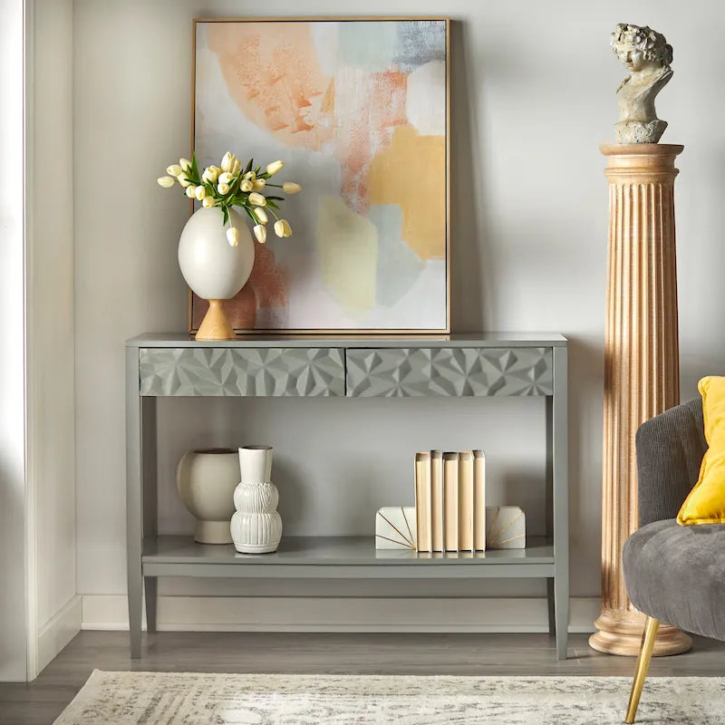 Console de table gris anthracite / blanc / bleu nuit avec tiroirs — Style contemporain, assemblage par 1 personne