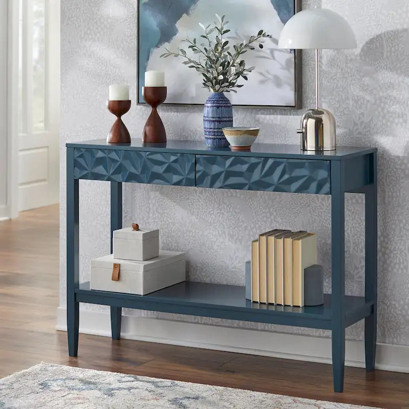 Console de table gris anthracite / blanc / bleu nuit avec tiroirs — Style contemporain, assemblage par 1 personne