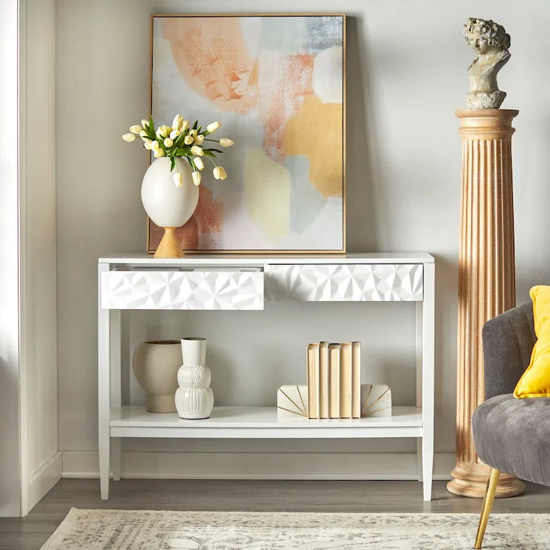 Console de table gris anthracite / blanc / bleu nuit avec tiroirs — Style contemporain, assemblage par 1 personne