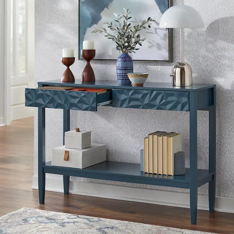 Console de table gris anthracite / blanc / bleu nuit avec tiroirs — Style contemporain, assemblage par 1 personne