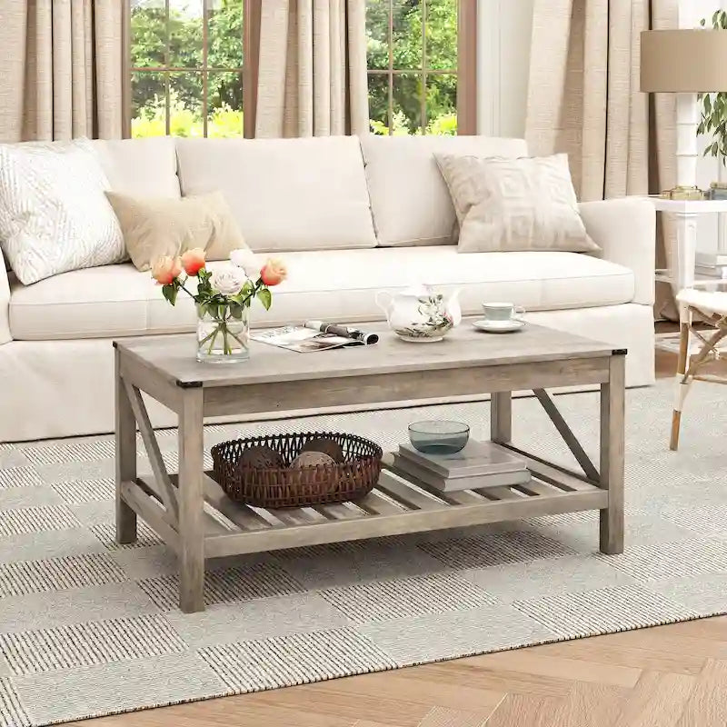 Table basse de style ferme avec étagère de rangement – Gris délavé / Noir / Blanc marron, 2 à 4 places