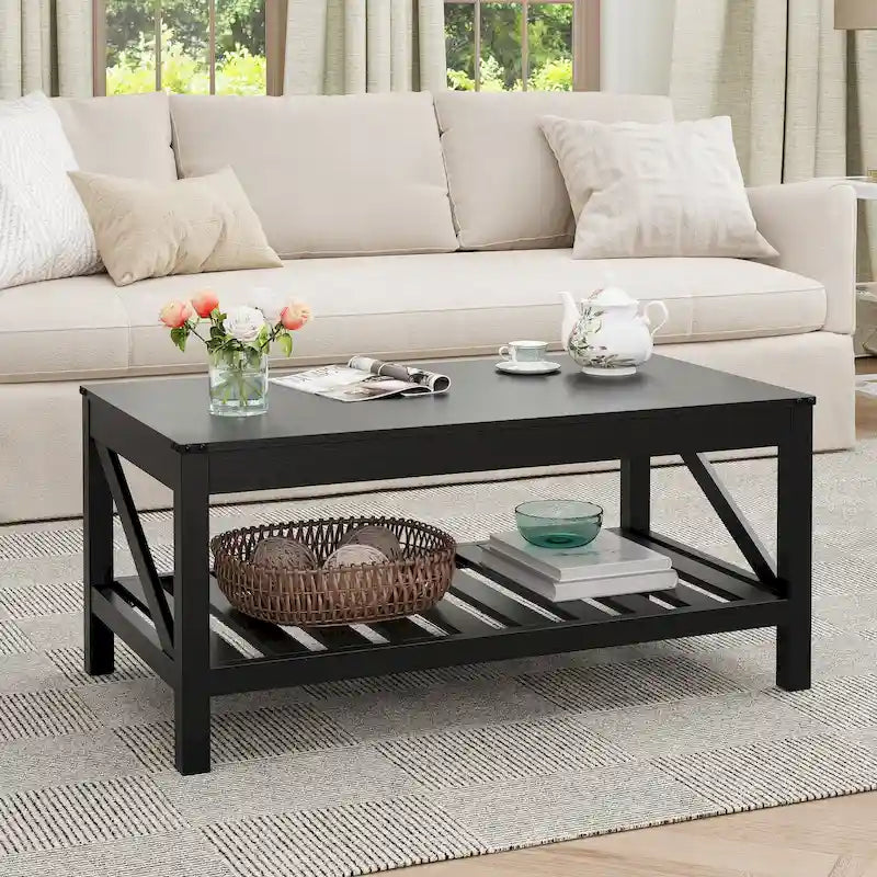 Table basse de style ferme avec étagère de rangement – Gris délavé / Noir / Blanc marron, 2 à 4 places