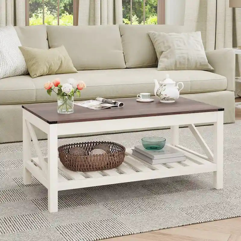 Table basse de style ferme avec étagère de rangement – Gris délavé / Noir / Blanc marron, 2 à 4 places