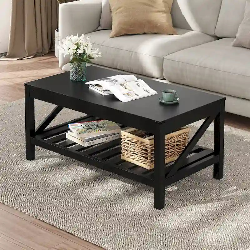Table basse de style ferme avec étagère de rangement – Gris délavé / Noir / Blanc marron, 2 à 4 places