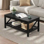 Table basse de style ferme avec étagère de rangement – Gris délavé / Noir / Blanc marron, 2 à 4 places