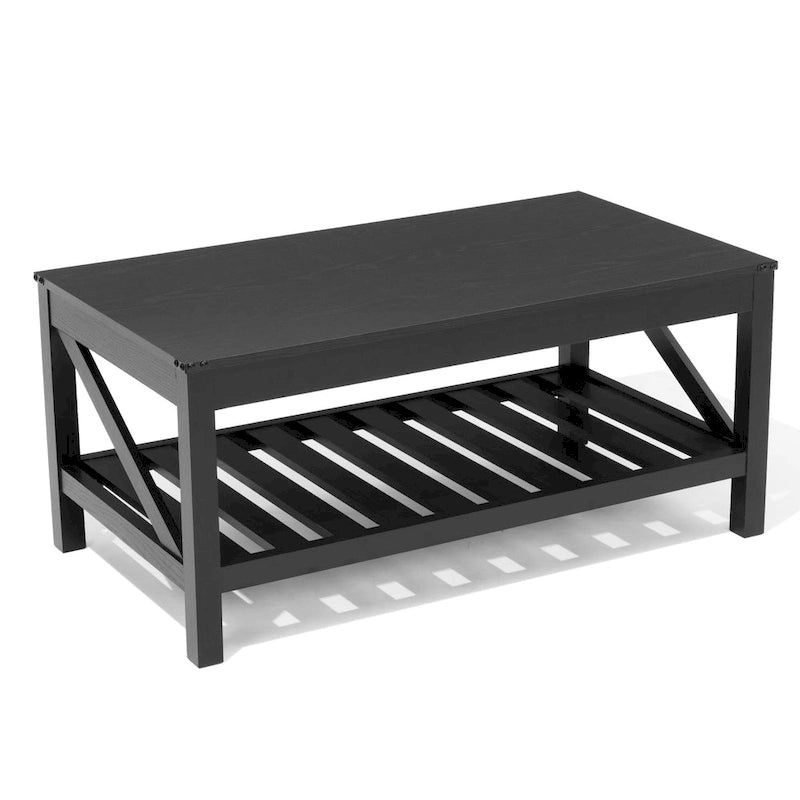 Table basse de style ferme avec étagère de rangement – Gris délavé / Noir / Blanc marron, 2 à 4 places