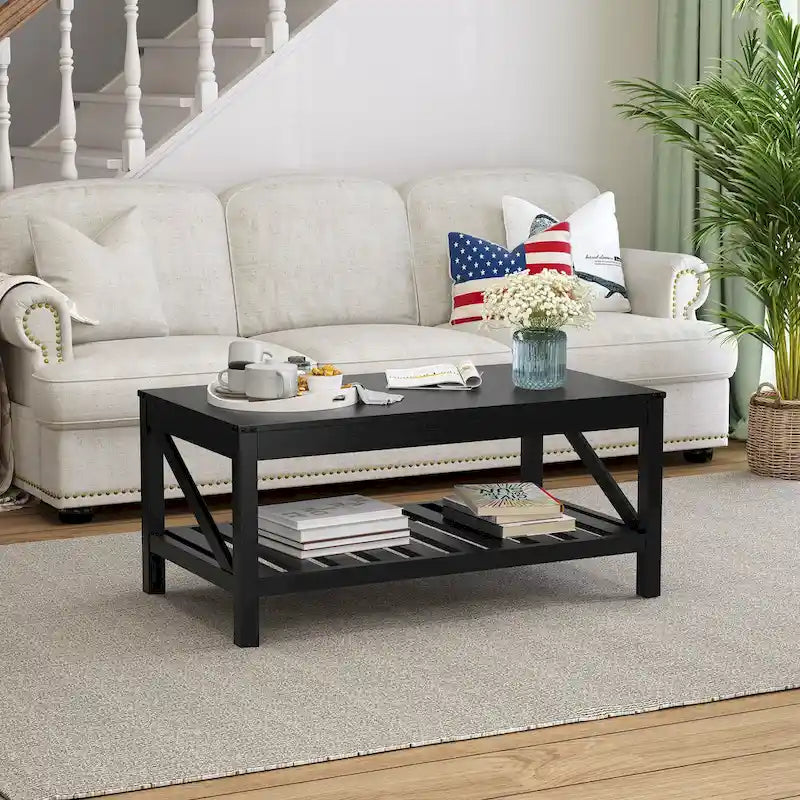 Table basse de style ferme avec étagère de rangement – Gris délavé / Noir / Blanc marron, 2 à 4 places