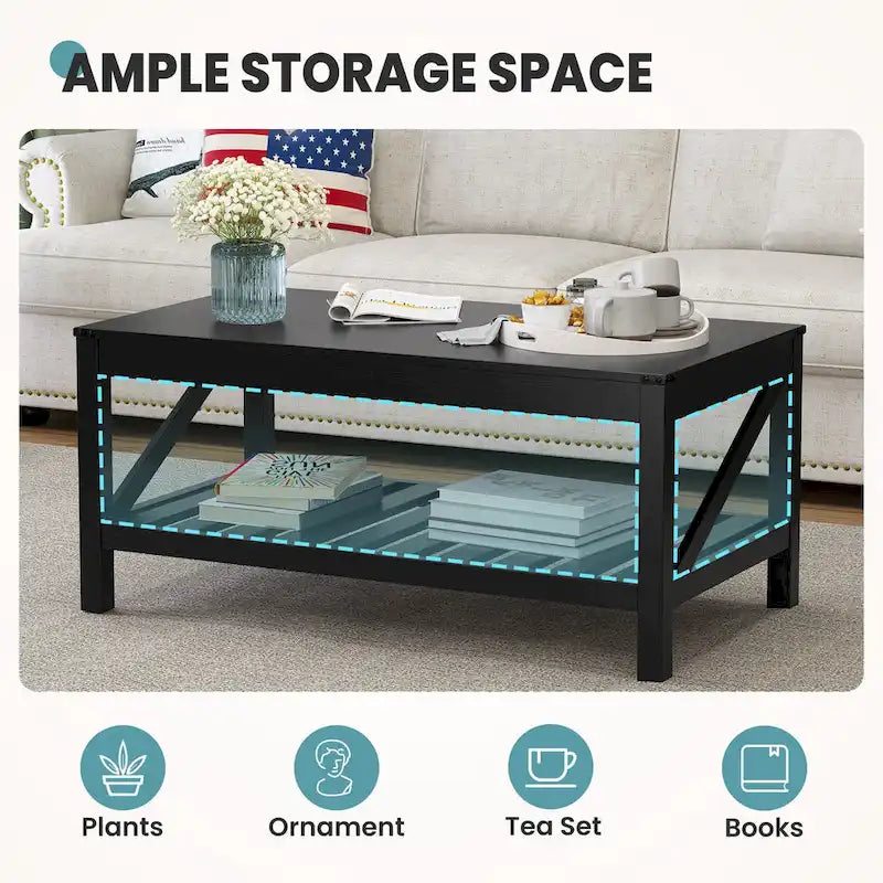 Table basse de style ferme avec étagère de rangement – Gris délavé / Noir / Blanc marron, 2 à 4 places