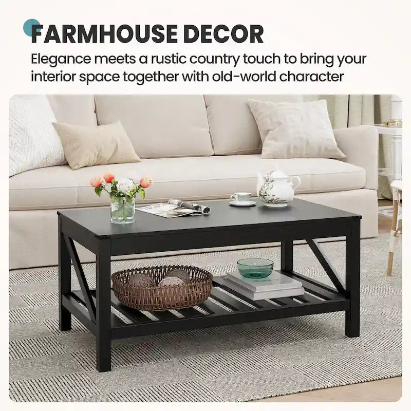 Table basse de style ferme avec étagère de rangement – Gris délavé / Noir / Blanc marron, 2 à 4 places