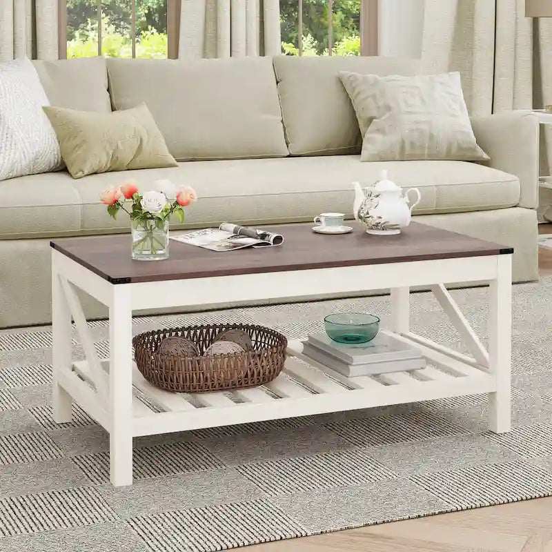 Table basse de style ferme avec étagère de rangement – Gris délavé / Noir / Blanc marron, 2 à 4 places