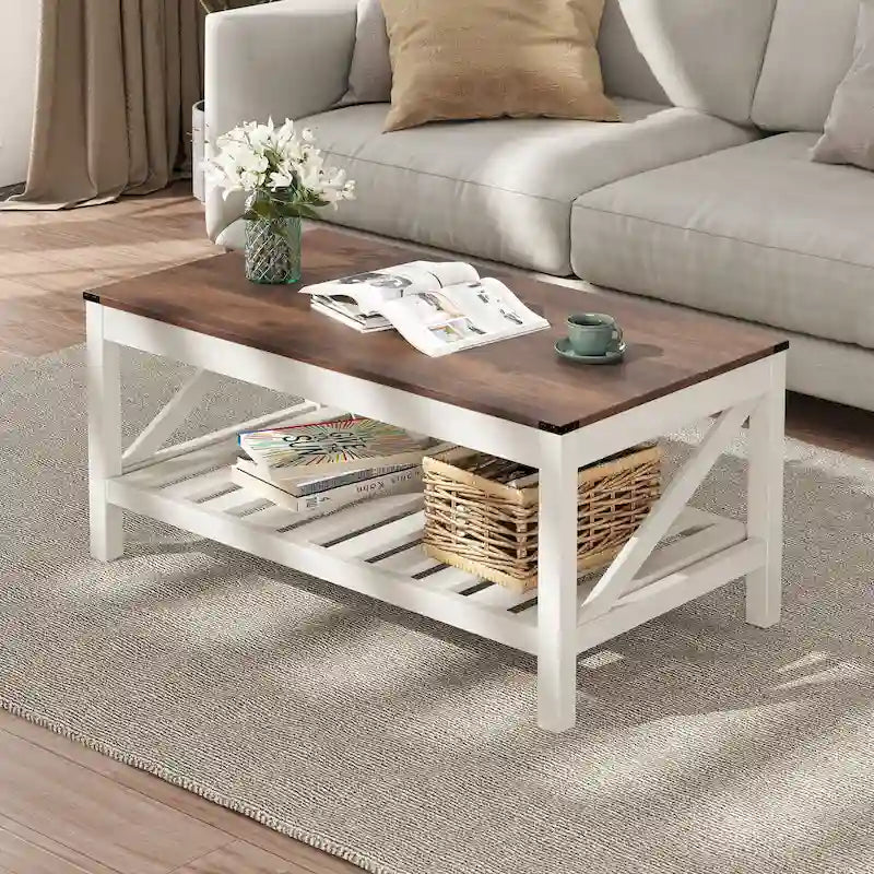 Table basse de style ferme avec étagère de rangement – Gris délavé / Noir / Blanc marron, 2 à 4 places