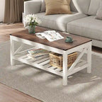 Table basse de style ferme avec étagère de rangement – Gris délavé / Noir / Blanc marron, 2 à 4 places