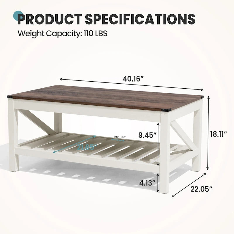 Table basse de style ferme avec étagère de rangement – Gris délavé / Noir / Blanc marron, 2 à 4 places
