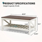 Table basse de style ferme avec étagère de rangement – Gris délavé / Noir / Blanc marron, 2 à 4 places
