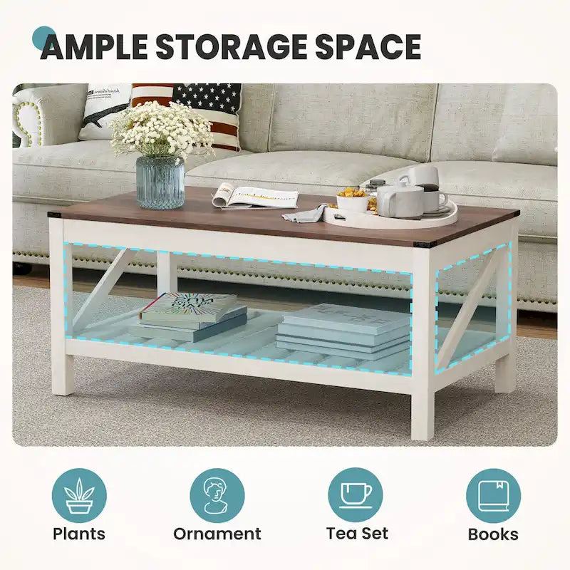 Table basse de style ferme avec étagère de rangement – Gris délavé / Noir / Blanc marron, 2 à 4 places