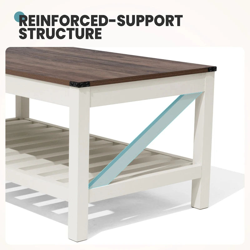 Table basse de style ferme avec étagère de rangement – Gris délavé / Noir / Blanc marron, 2 à 4 places
